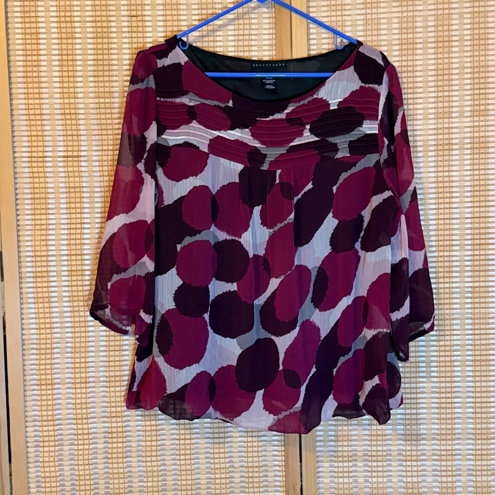 Apostrophe Women Plum Abstract Polka Dot Sheer Overlay Blouse Size L 3/4‎ Sleeve